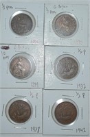 6 pc. UK. 1/2 Penny 1884 / 90 /99 / 1932 /38 / 42
