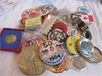 Bag of pins, medal, commemorative coins