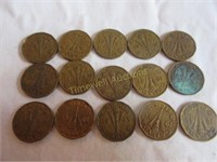 Fifteen 1943 Canadian 5 cent coins