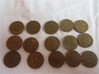 Fifteen 1943 Canadian five cent coins