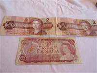 3 Canadian $2 paper bills