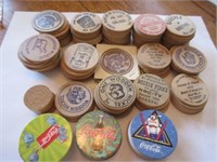 Coke collectibles & wooden advertising coins