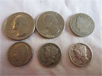 1910 USA 5 cent coin, 3 USA 10 cent coins
