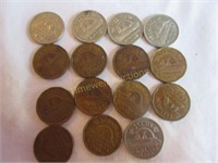Fourteen 1942 Canadian 5 cent coins