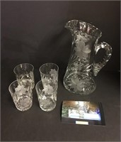 Cut Crystal Water Pitcher and 4 Glasses