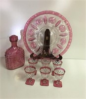Cranberry Glass Decanter and Cordial Set