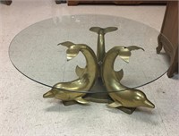 Round Glass Coffee Table with Brass 3-Dolphin Base