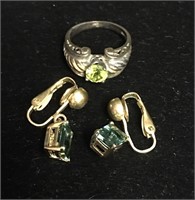 .925 Ring and Clip Earrings with Green Stones