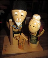 2 Wood Chinese Elder Figurines - Signed