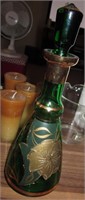 Vtg Green Glass & Gold Leaf Decanter w/ Stopper