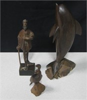 Wooden Don Quixote, Dolphin & Quail Figurines 10"H