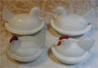 3 Hens & Rooster Form Milk Glass Containers
