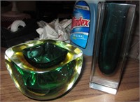 2 Vintage Clear/Green Art Glass Small Vases