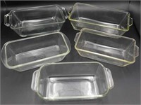5 CLEAR GLASS LOAF PANS PYREX, ANCHOR OVENWARE,