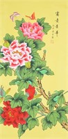 MENG TANG Chinese Watercolor Scroll Peonies