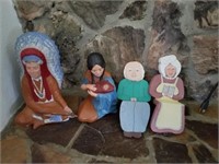 CERAMIC INDIANS AND WOOD OLD WOMAN AND MAN