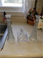 GLASS CANDLE HOLDERS AND CANDY DISH