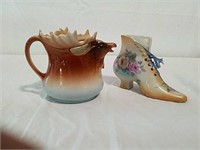 Moose pitcher marked Austria and rs marked shoe