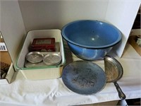 Graniteware, metal bowl and miscellaneous