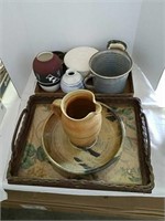 Two boxes of clay pots and wicker tray