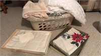 Laundry basket, table cloths, curtains