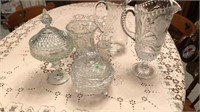 Glass pitchers and candy dishes
