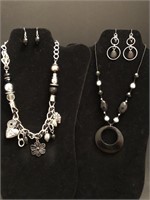 Two Black And Silver Tone Costume Jewelry Pieces