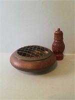 Vintage Engraved Metal Vase and Carved Wood