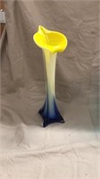 11" blue and white and yellow glass vase