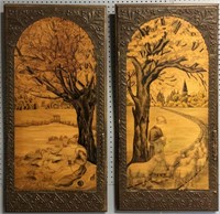 Pair Of Wooden Scenic Plaques With Metal Overlay