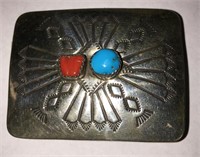 Sterling Silver, Turquoise & Coral Belt Buckle