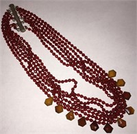 Red Glass Bead Multistrand Necklace, Sterling