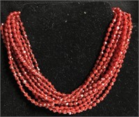Red Glass Bead Multistrand Necklace, Sterling