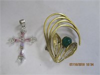 Pink & Clear Stone Cross & Goldtone Pin w/