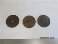 3 Indian Head Pennies-1897,1903,1886(w/a Hole)