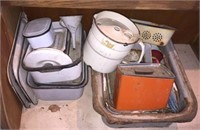 Enamelware Pans with Lids, Tin Cannisters,