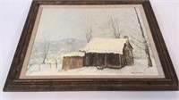 Oil on Canvas Winter Cabin