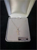 Hand engraved sterling silver cross pendant