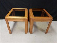 2 matching glass top wooden side tables. Each