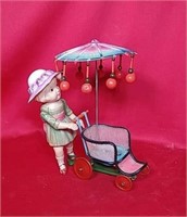 Great Vintage Tin & Celluloid Baby Buggy