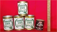 Four 1 Qt Quaker State Tin Oil Cans & Tire Black