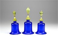 Three blue antique glass Victorian wedding bells
