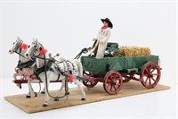 Vtg. Horse-Drawn Wood Farm Wagon Toy w/ Driver