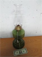 Vintage P & A Mfg Green Glass Oil Lamp w/