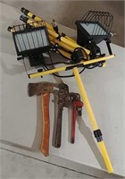 Work light, Craftsman hatchet and pipe wrenches