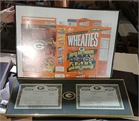 Packer stock certificates & 2 framed Wheaties