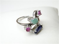 925 Silver Ring with Emerald, Rubies, Sapphire