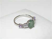 925 Silver Ring with Emerald, Amethyst, CZ