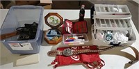 Jewelry, tackle box, belt buckles & other items