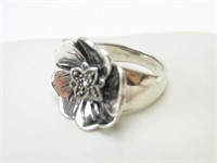 925 Silver w/ Marcasite Accents Open Flower Ring